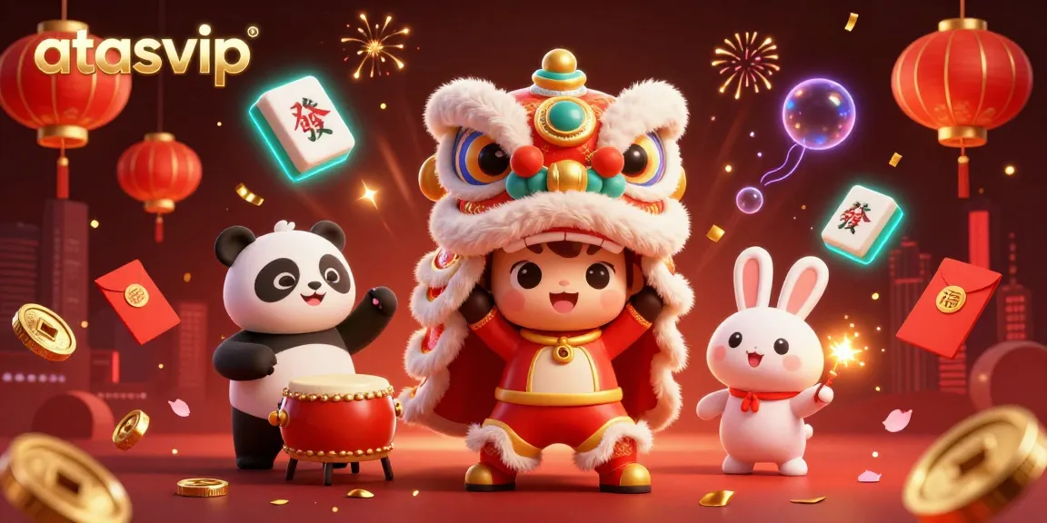 Experience the excitement of the atasvip casino with a dynamic lion dance illustration and festive decorations.