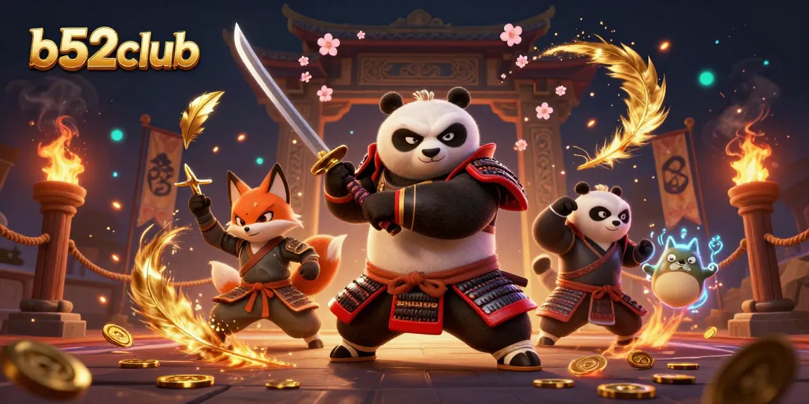 The b52club promotional illustration showcases a samurai panda, ninja fox, and floating tanuki in a vibrant gambling arena.