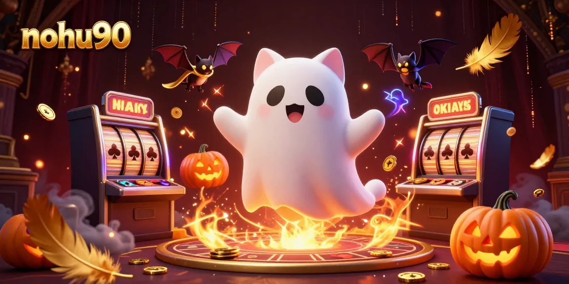 Nohu90 players engage in thrilling ghostly slot action within a haunted casino, capturing excitement.