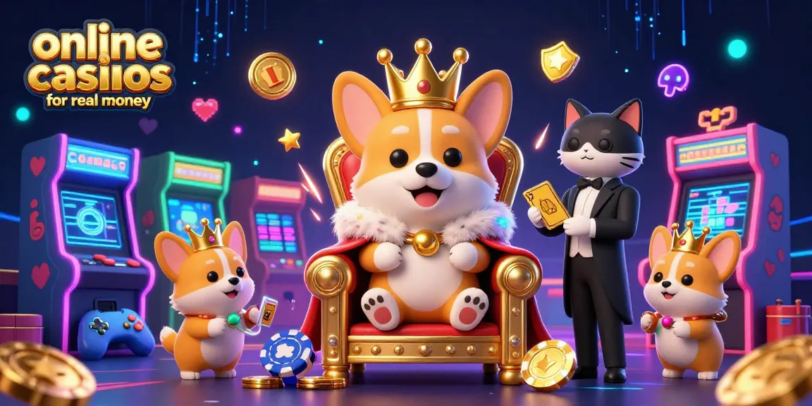 Engage in online casinos for real money australia with this vibrant scene of a royal corgi king and colorful gaming elements.