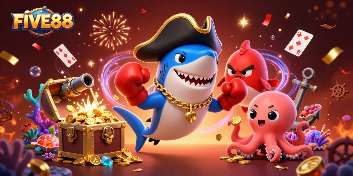 Experience the excitement of FIVE88 with a lively scene featuring a pirate shark, pufferfish, and octopus in a dynamic casino atmosphere.