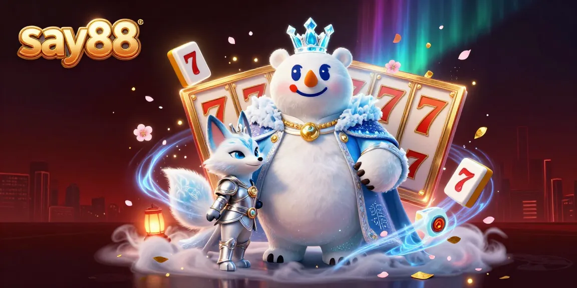 Experience thrilling games at say88 with a vibrant scene featuring slots, festive elements, and a royal polar bear character.