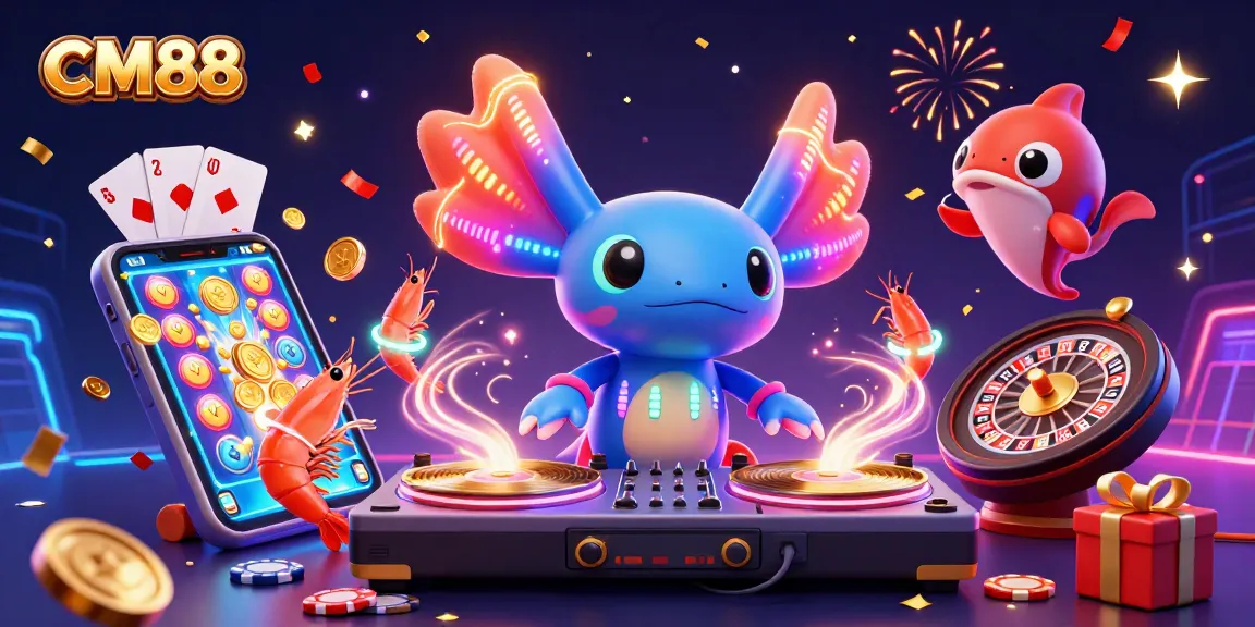 Experience CM88’s vibrant gaming world with neon characters and exciting casino elements.