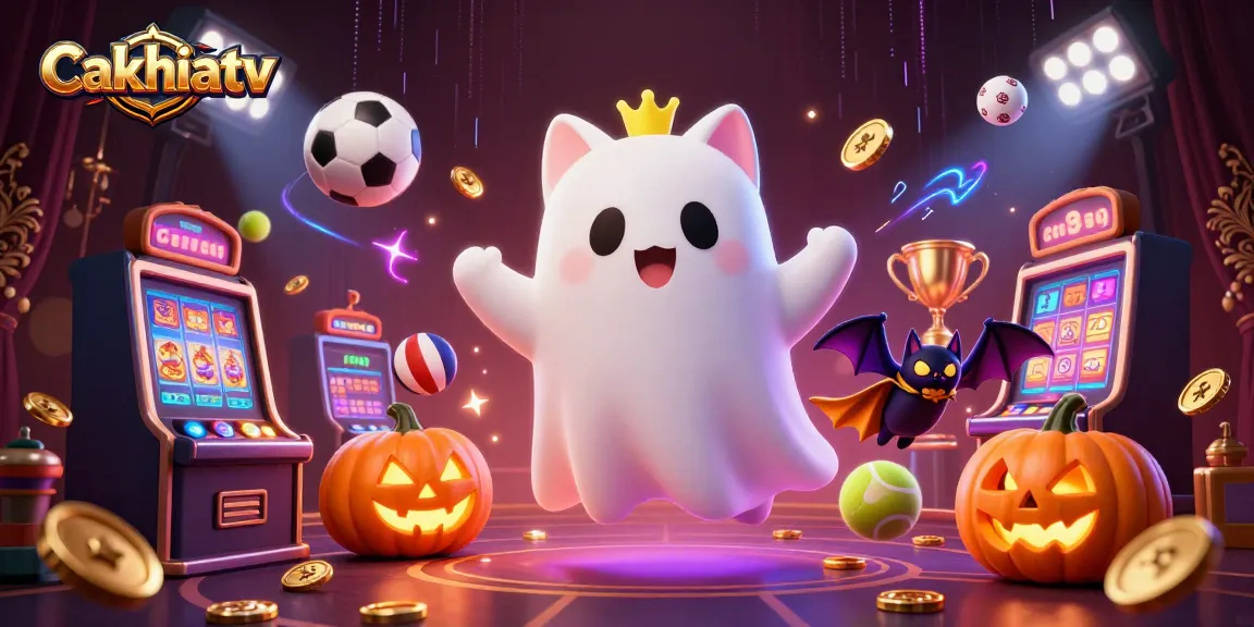 Cakhiatv presents a lively scene with a floating ghost cat, sports elements, and glowing jack-o-lanterns in a haunted casino setting.