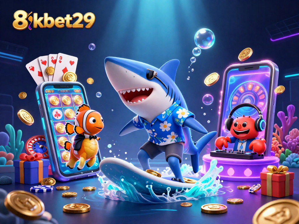 Engage with exciting casino adventure at 8kbet29 with a shark surfing on gold coins.