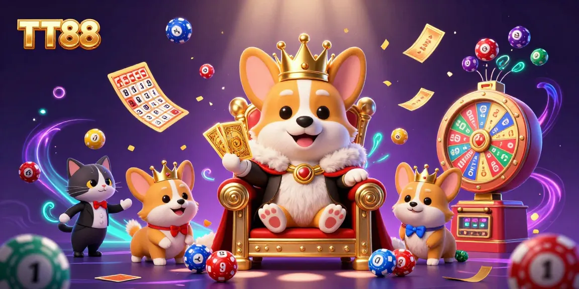 Experience the excitement of TT88 casino with a royal corgi on a throne amidst vibrant gaming elements.