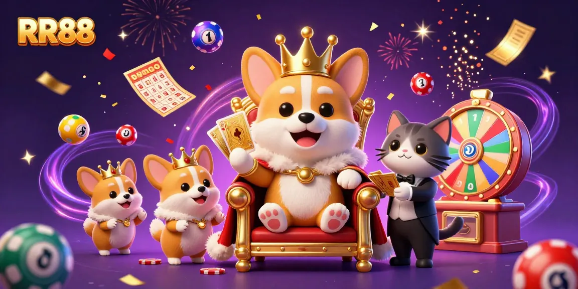 Experience the excitement of RR88 with a royal corgi on a throne of poker chips in a dynamic casino scenario.
