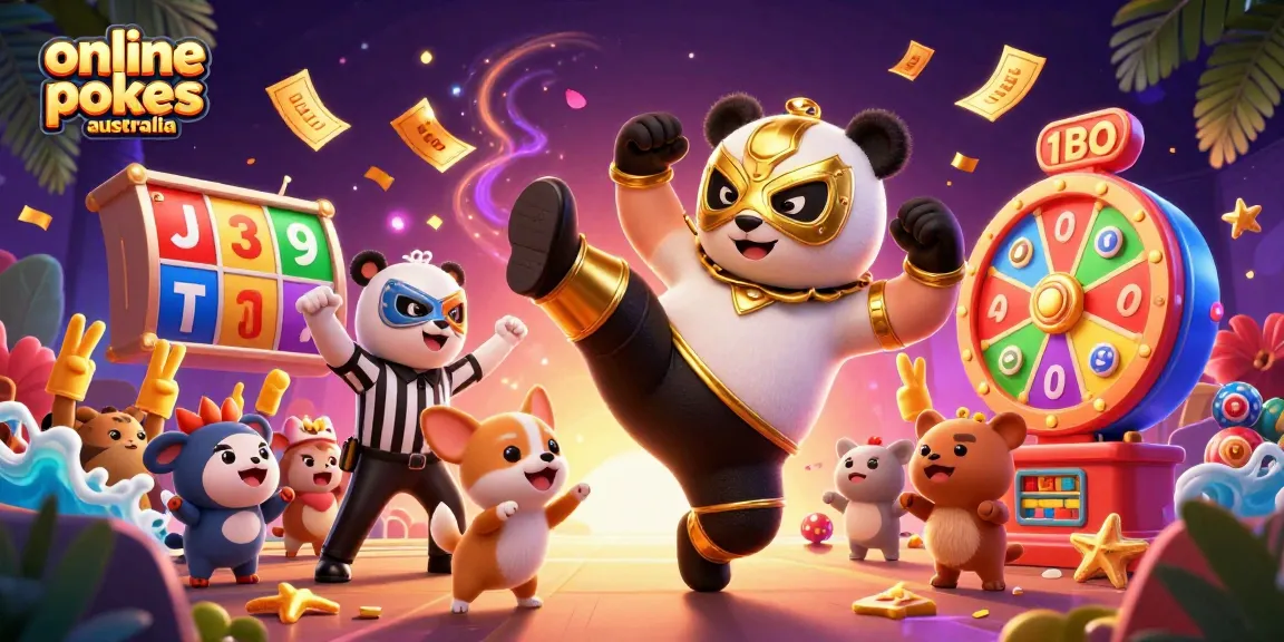 Engage with online pokies Australia through an exciting scene featuring animated characters and vibrant game elements.