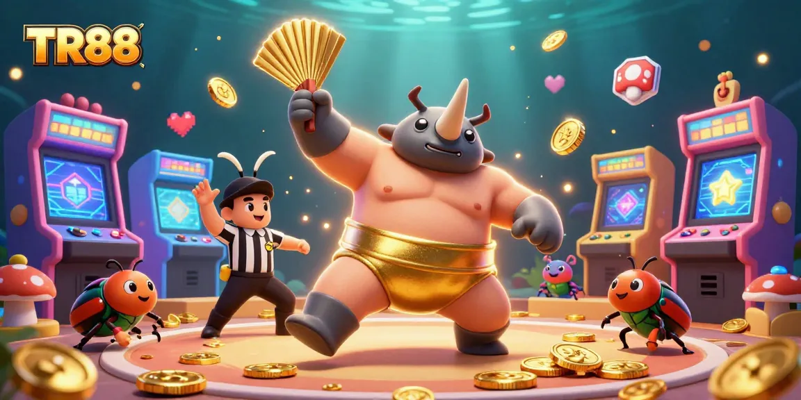 TR88 casino game scene with a rhinoceros beetle champion and golden coins flying around