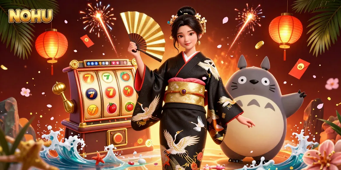 Experience exciting NOHU slot games with enchanting characters in a vibrant casino setting.