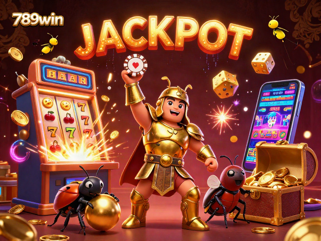 Engage with 789win's thrilling gaming experience, featuring a victorious beetle and jackpot elements.