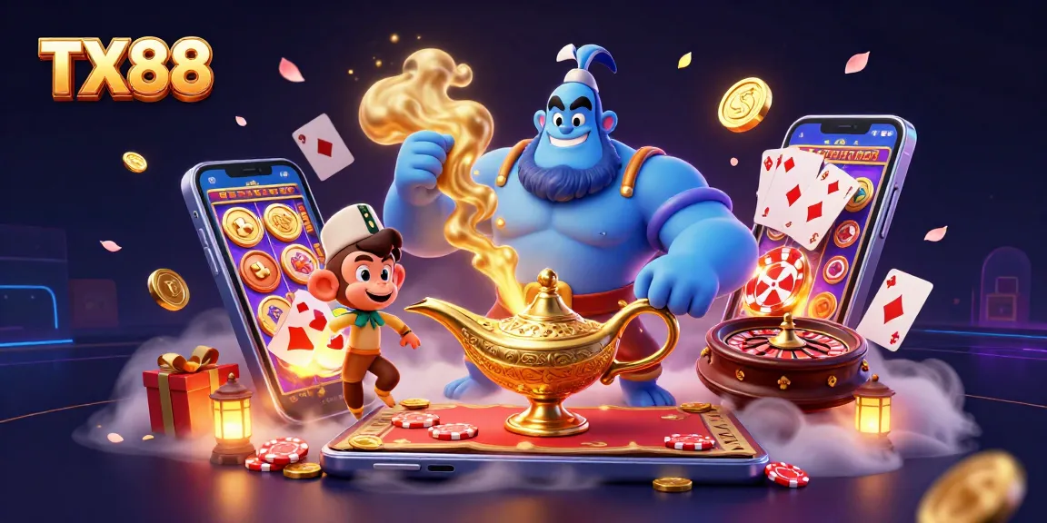 Experience exciting gaming at TX88 with a genie, poker chips, and slot games capturing the thrill!