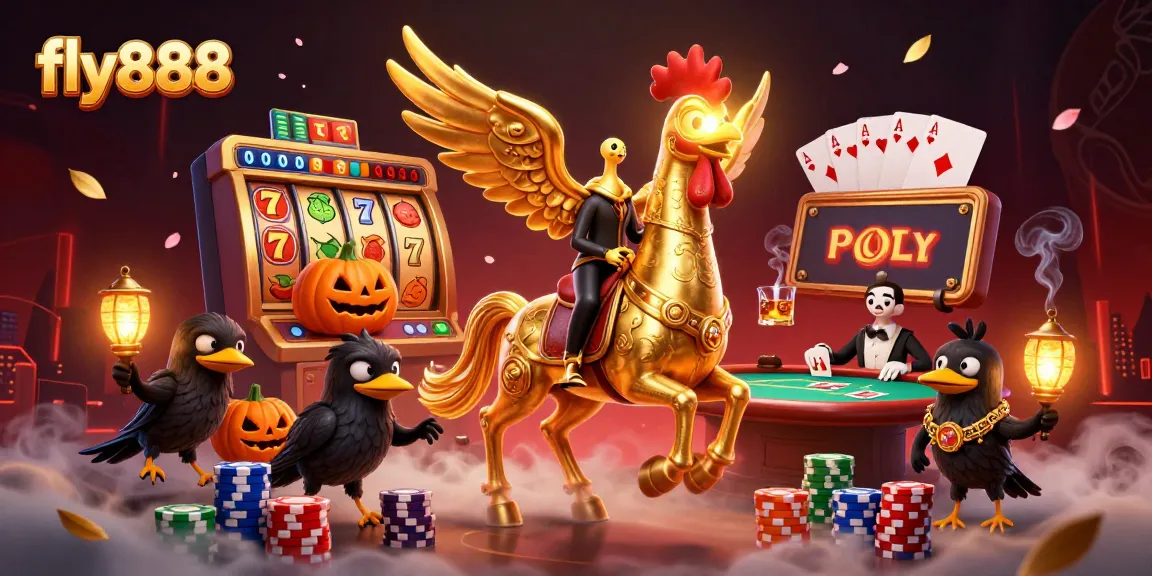 Experience the thrill of fly888 in a vibrant casino scene with golden rooster characters and big wins!