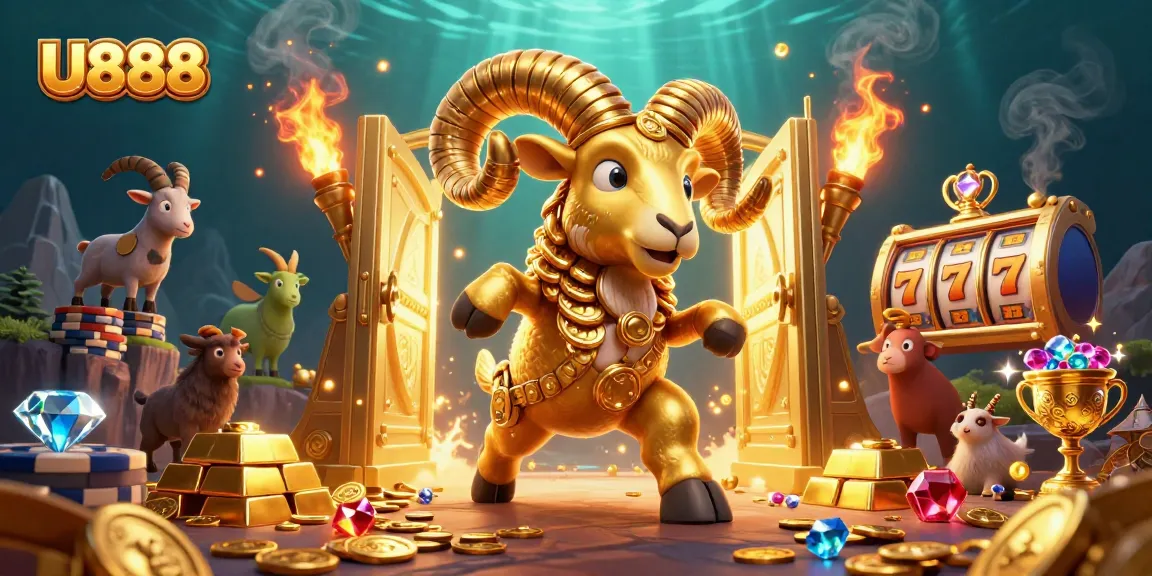 Experience the excitement of U888 casino with a dynamic scene featuring golden treasures and slot reels.