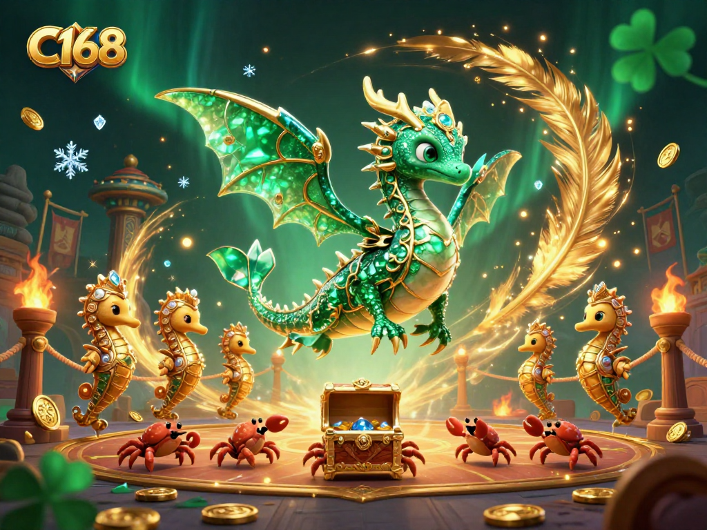 C168 features a 3D sea dragon and royal seahorses amidst gold coins and betting tokens.