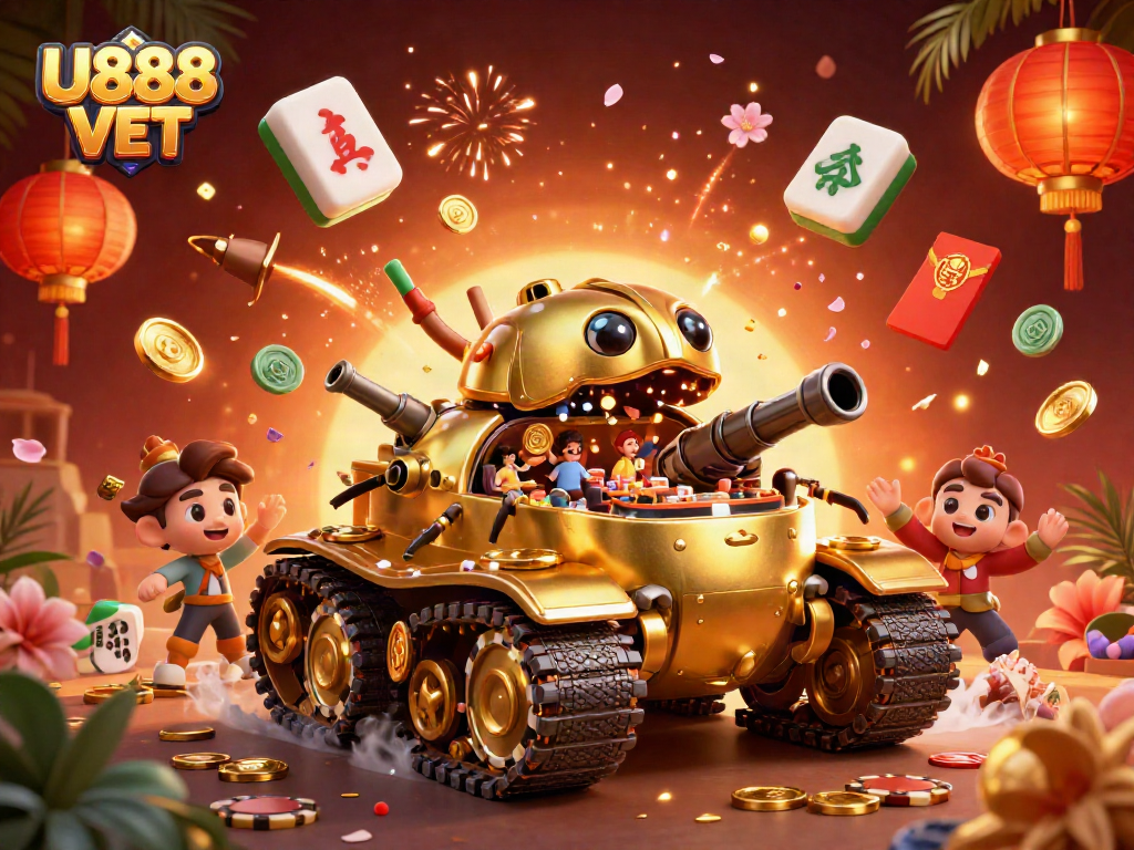 Experience the thrill of U888 VET's miniature casino within a golden tank, featuring dynamic symbols and festive decors.