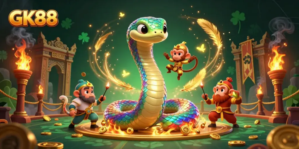 Engage in exciting gameplay with GK88, where vibrant characters and golden tokens create a thrilling atmosphere.