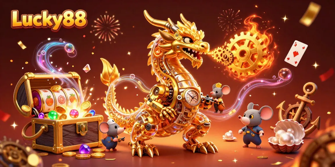 Experience thrilling gameplay with Lucky88, featuring slot elements and a golden dragon in action.