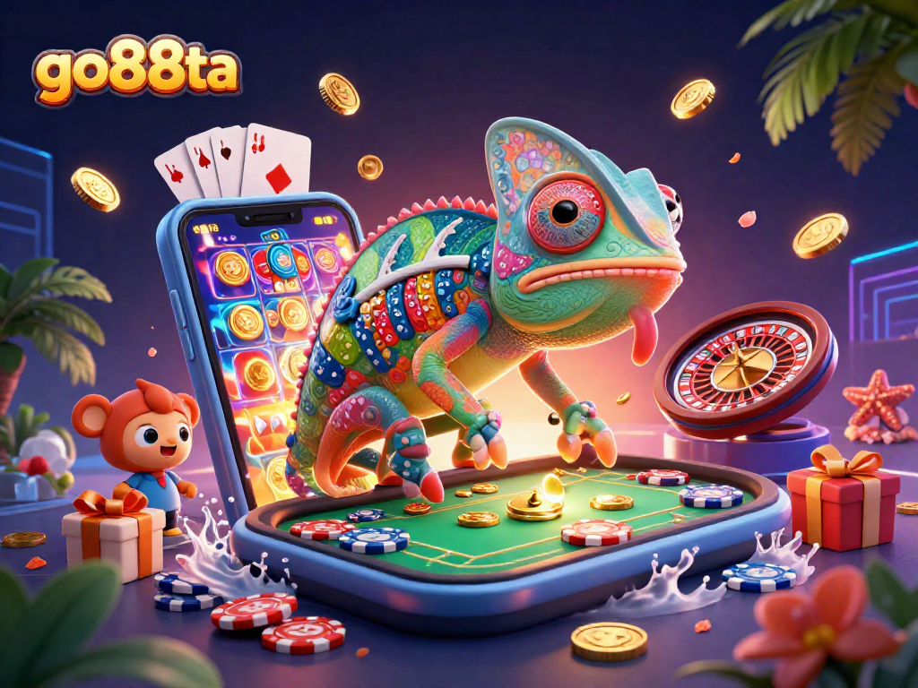 Experience the vibrant action at go88ta with a colorful chameleon casino owner and dynamic gaming elements.