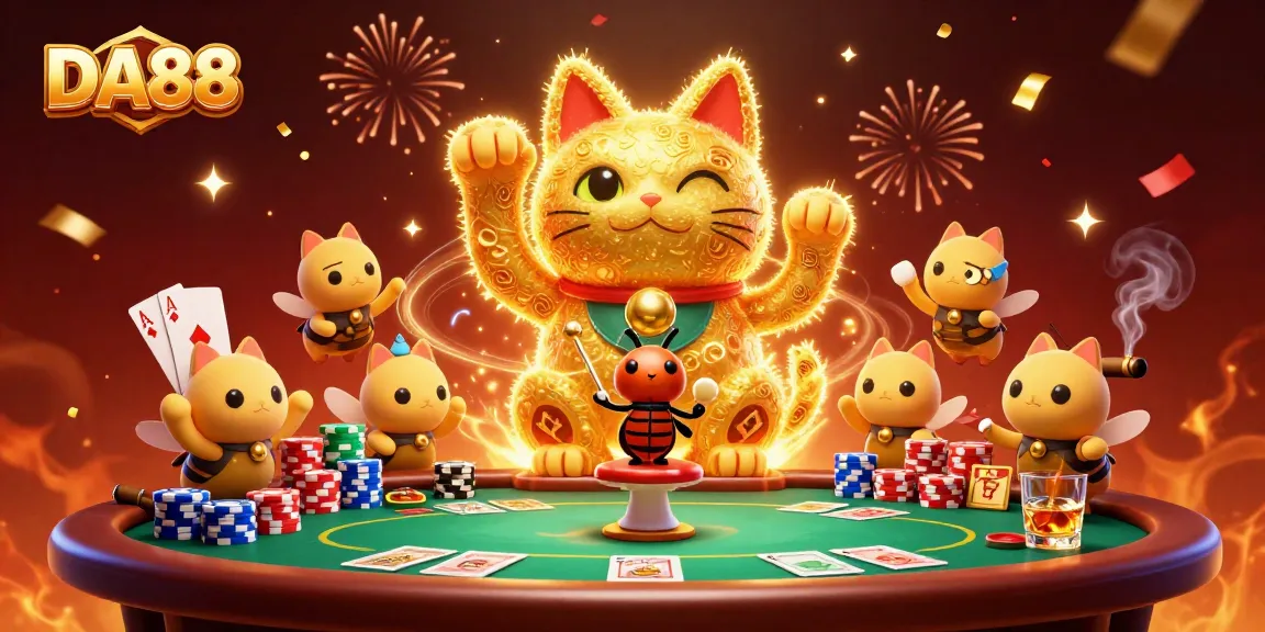 Experience the thrilling ambiance of DA88 with dynamic casino elements and a lucky cat.