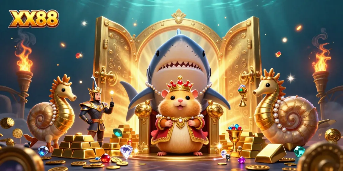 Experience thrilling adventures at XX88 with a majestic shark throne and royal hamster king amidst golden treasures.