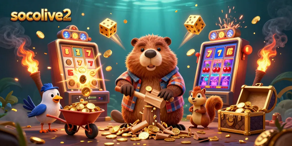 Socolive2 engages users with a vibrant 3D illustration of a beaver collecting golden coins alongside dynamic casino elements.