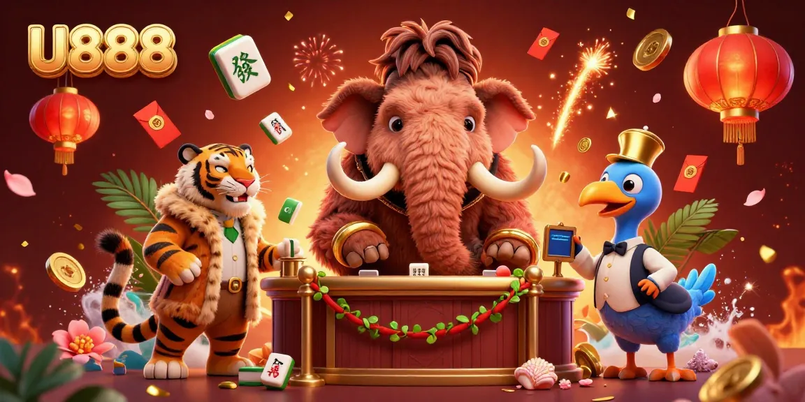 U888 showcases a vibrant casino scene featuring a woolly mammoth bouncer and dynamic gaming elements.