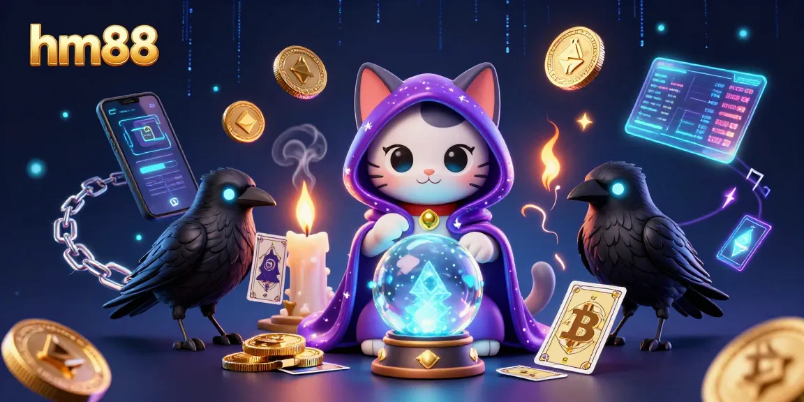 Engage with the mystical world of hm88 featuring a fortune teller cat and glowing crypto coins.