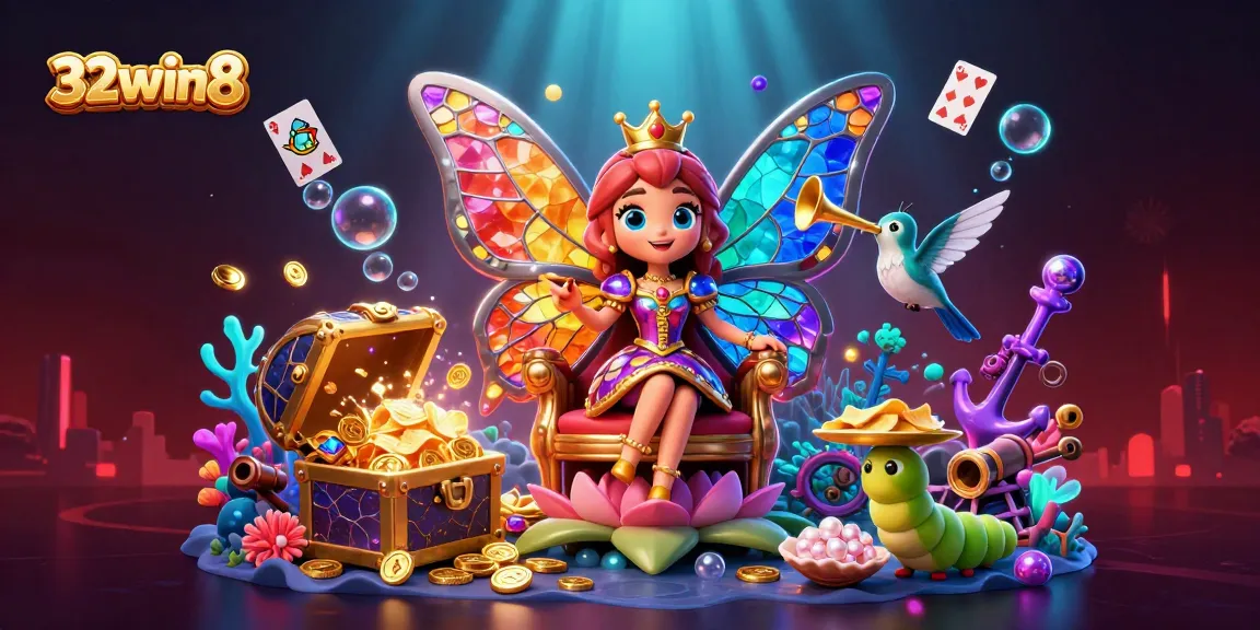 Win big with 32win8 in a vibrant 3D casino world featuring a butterfly queen among treasures and fun.
