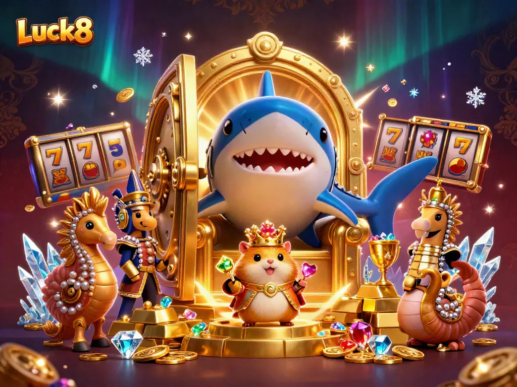 Join the Luck8 adventure with a golden hamster king amidst dazzling treasures.