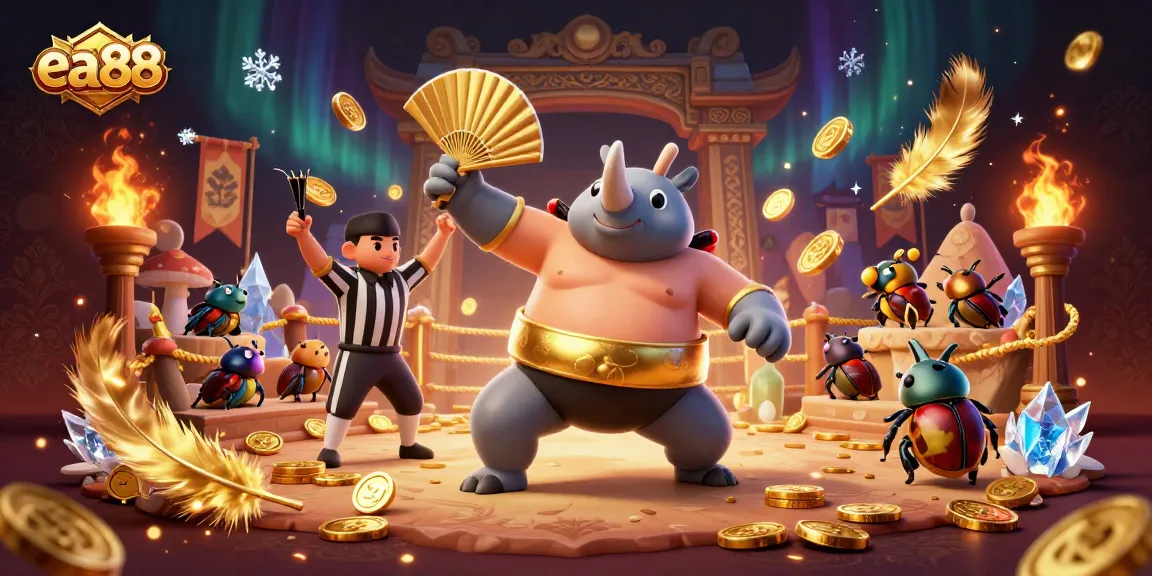 ea88 casino scene featuring a beetle sumo champion surrounded by golden coins and a cricket referee.