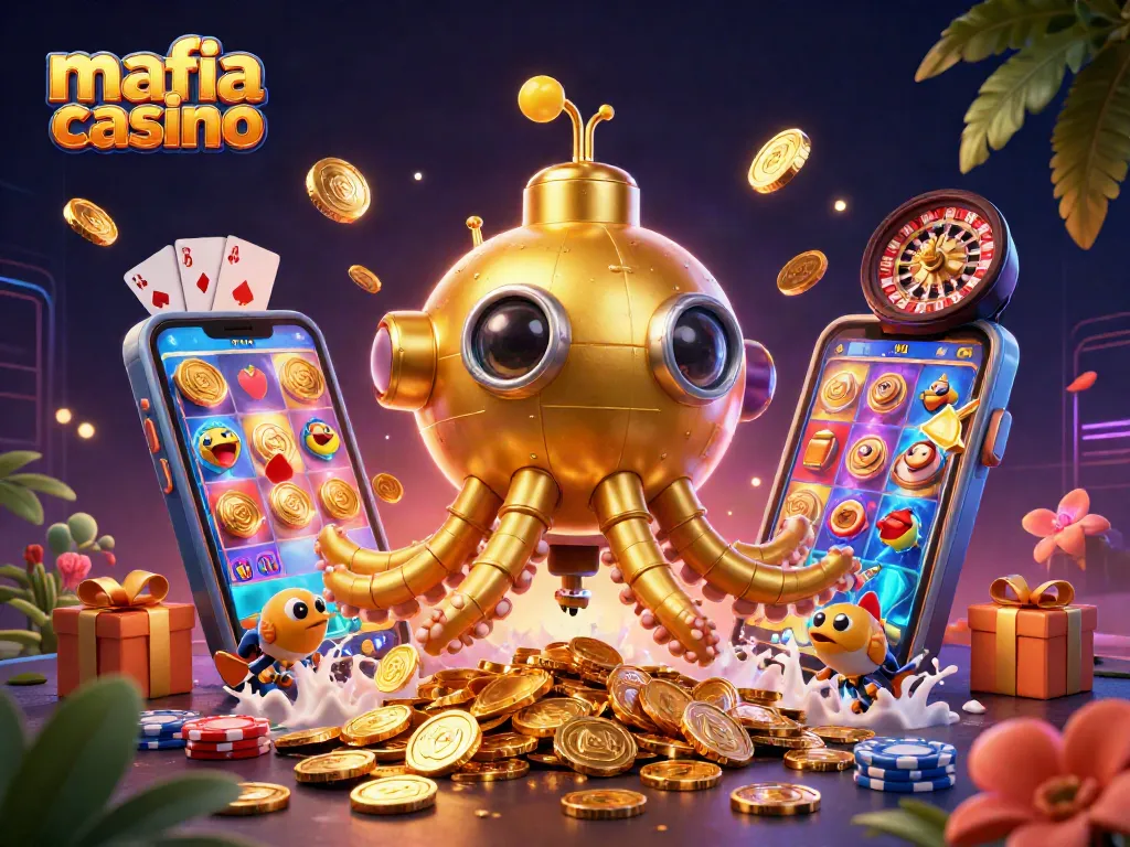 Play exciting slots at Mafia Casino with a golden kraken submarine amidst spinning reels and treasure.