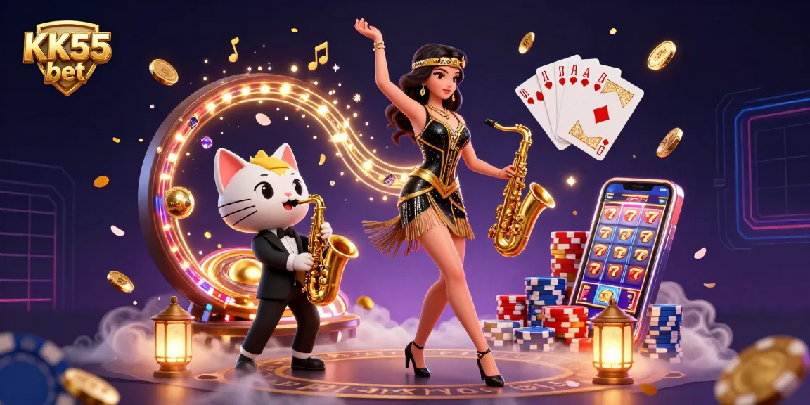 Win big with KK55 bet in this vibrant casino scene filled with immersive details and golden rewards.