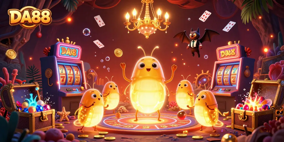 DA88 illuminates an underwater casino ambiance, showcasing glowworms and vibrant gaming elements.