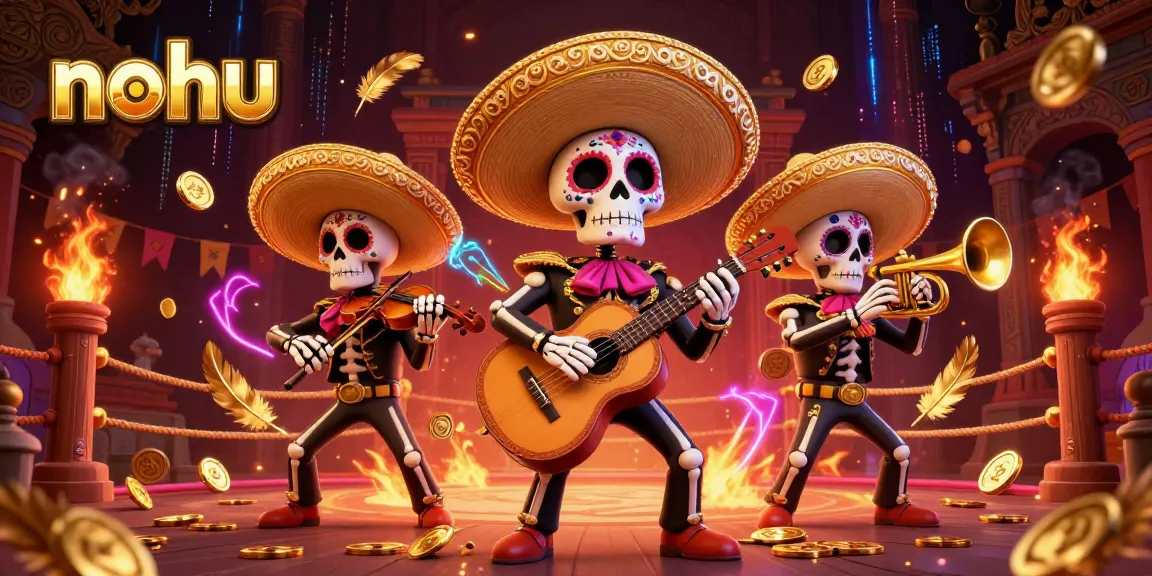 Engage in thrilling nohu gameplay with colorful mariachi skeletons surrounded by gold coins and vibrant casino elements.