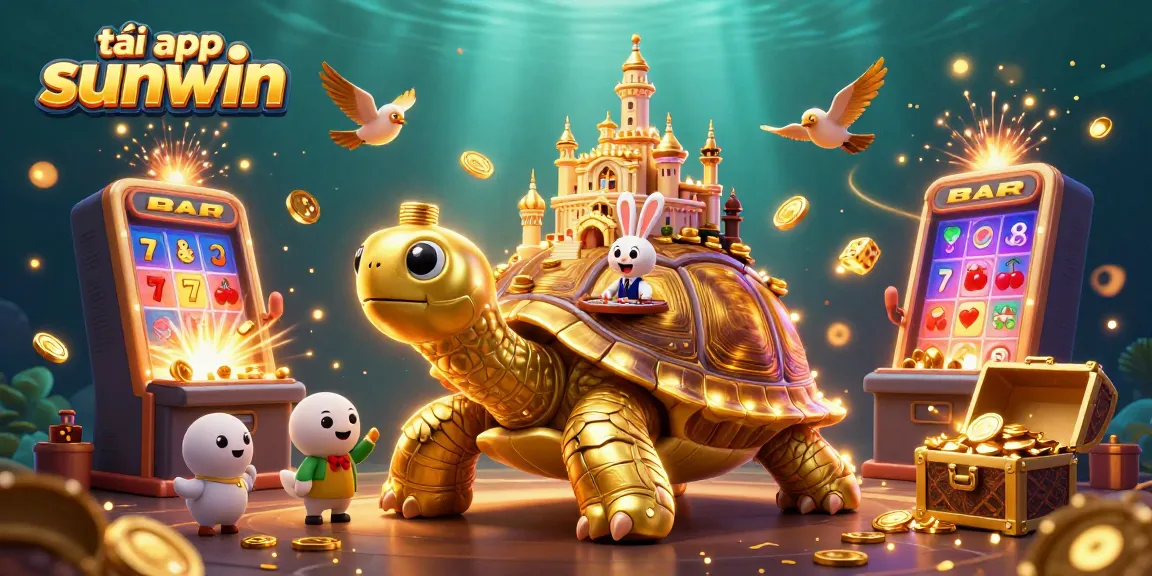 Engage in exciting gaming with tải app sunwin, featuring a golden tortoise casino with flying coins.