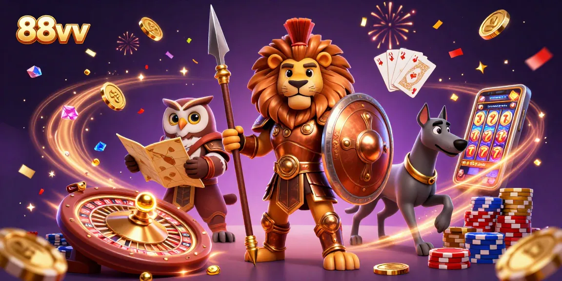 Experience thrilling gambling adventures with 88vv, featuring a lion, owl, and greyhound amidst golden coins and casino games.