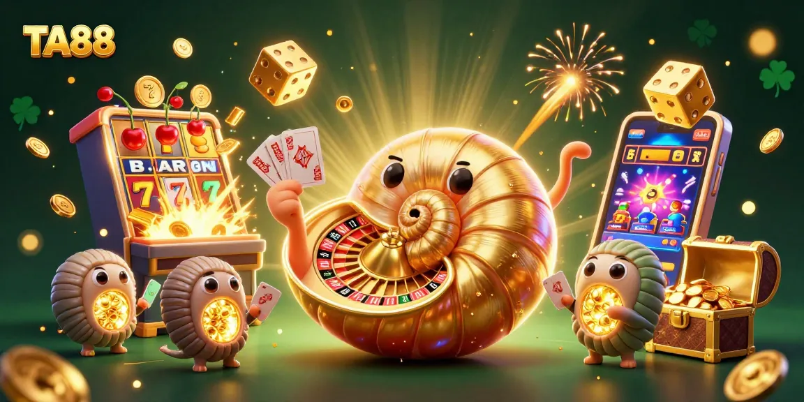 TA88 showcases an energetic 3D casino scene with a nautilus roulette wheel and bursting slot machines.