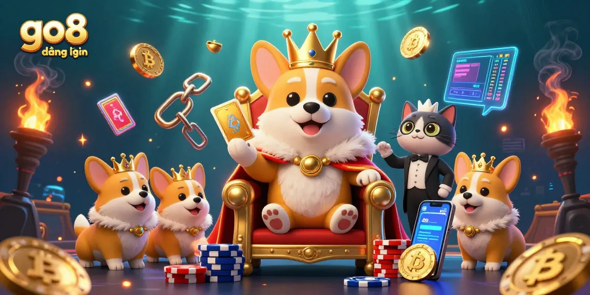 Experience go8 đăng nhập excitement with our charming royal corgi and vibrant digital gaming elements.