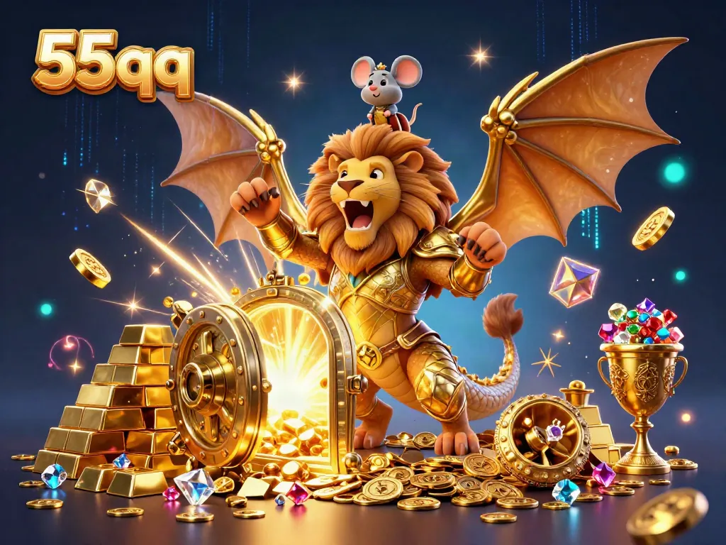 Experience thrilling wins with 55qq in this dynamic casino adventure featuring a mighty chimera and gleaming treasures.