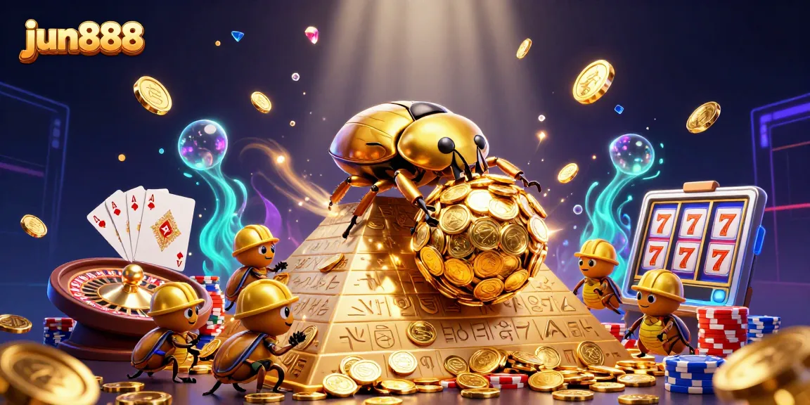 Experience thrilling gaming with jun888, as beetles roll golden coins in a vibrant casino scene.