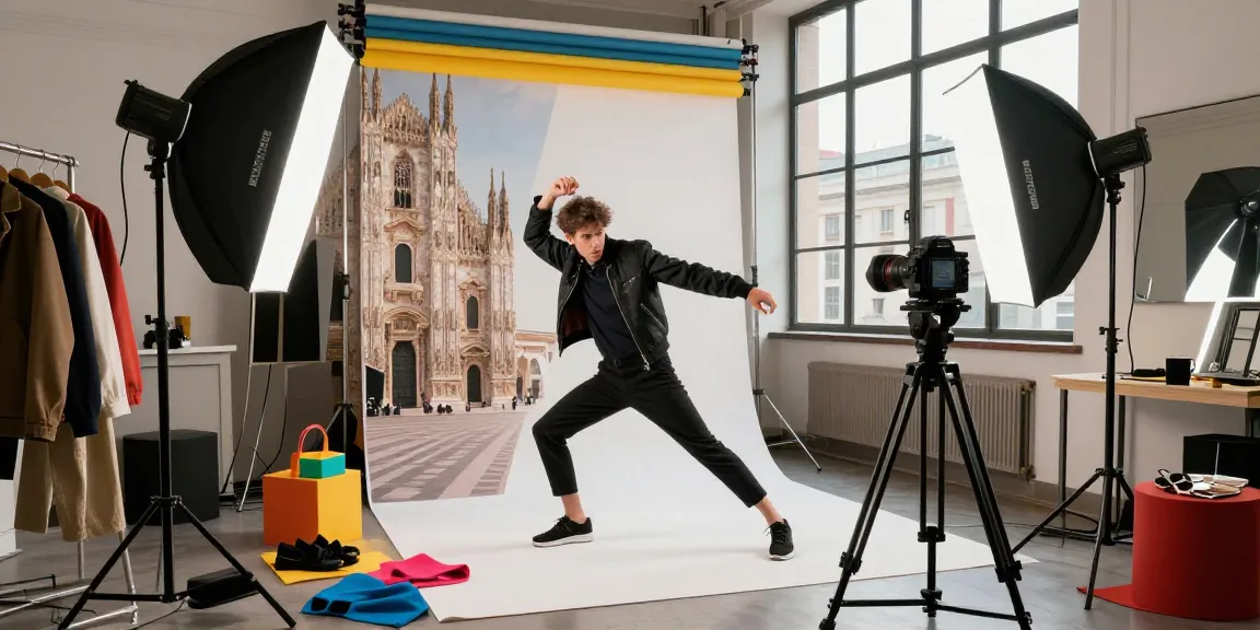 Scena dinamica di un fotografo Milano che cattura un modello in uno studio professionale