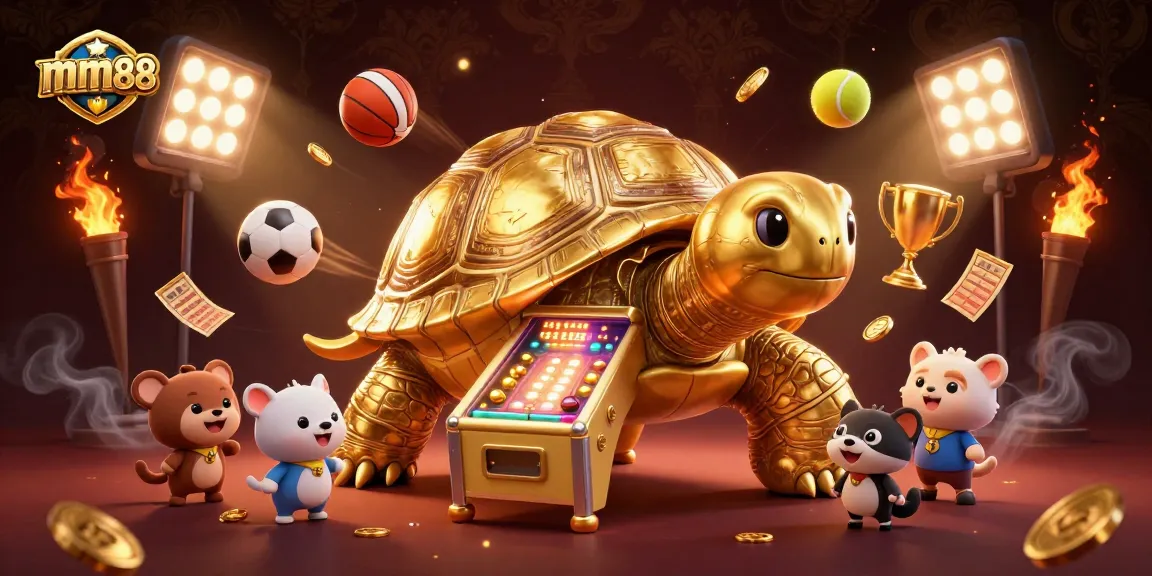 Experience mm88 action with 3D golden tortoise and game elements, showcasing online casino thrills.