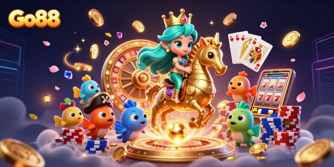 Play exciting games at Go88 with colorful 3D characters, glimmering coins, and engaging casino elements.