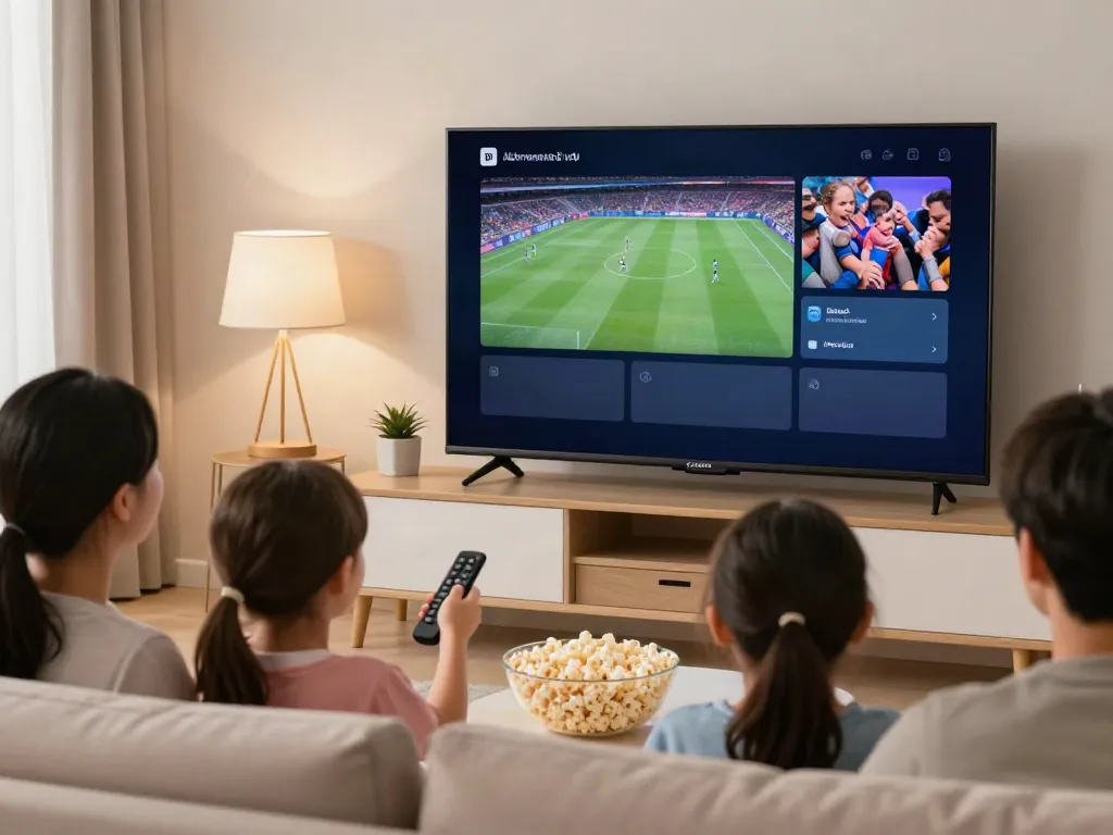 Family enjoying abbonamento iptv in a cozy living room setting.