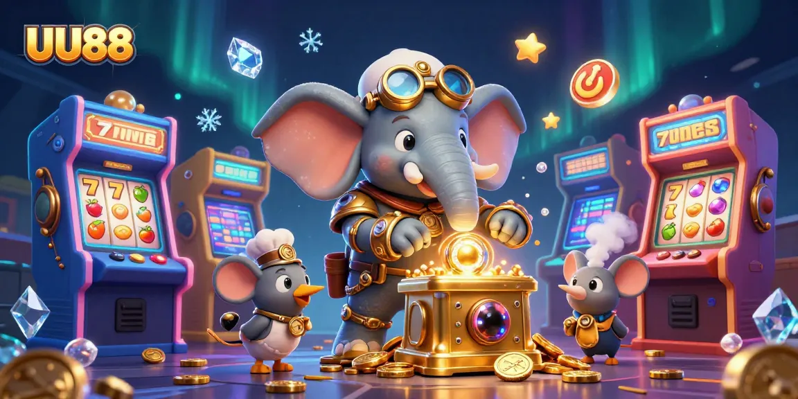 Experience UU88 in action with a vibrant steampunk casino scene and golden slot machine.