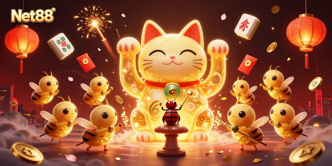 Experience thrilling gaming at Net88 with a vibrant lucky cat illustration symbolizing fortune.