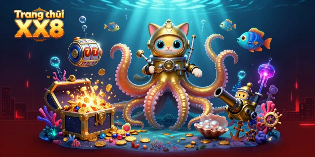 Experience the thrill of gaming at Trang chủ XX8 with a vibrant underwater scene filled with slot games and gold treasures.