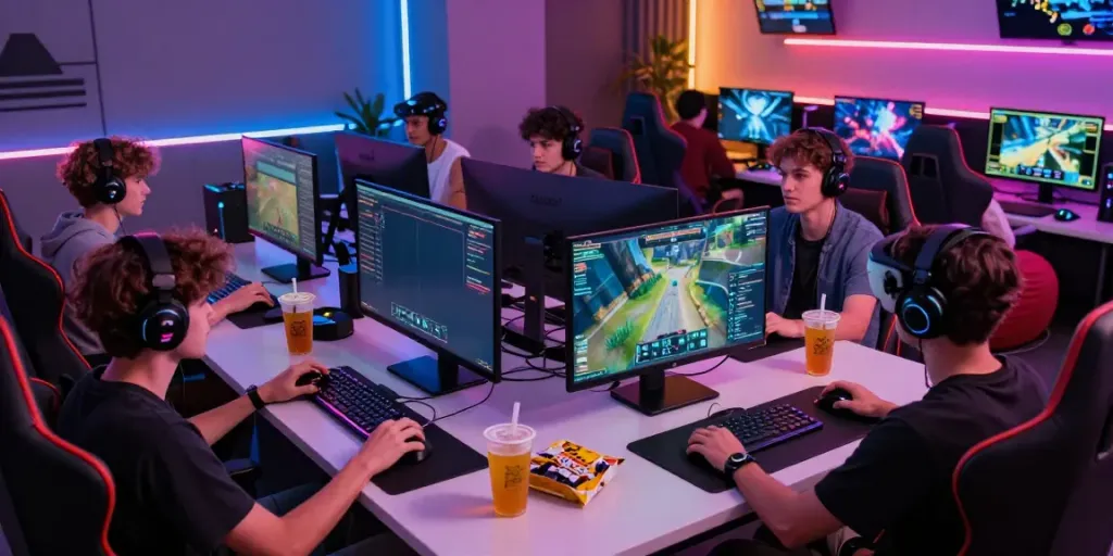 Friends enjoying an online gaming experience at EE88, showcasing modern technology and a vibrant atmosphere.