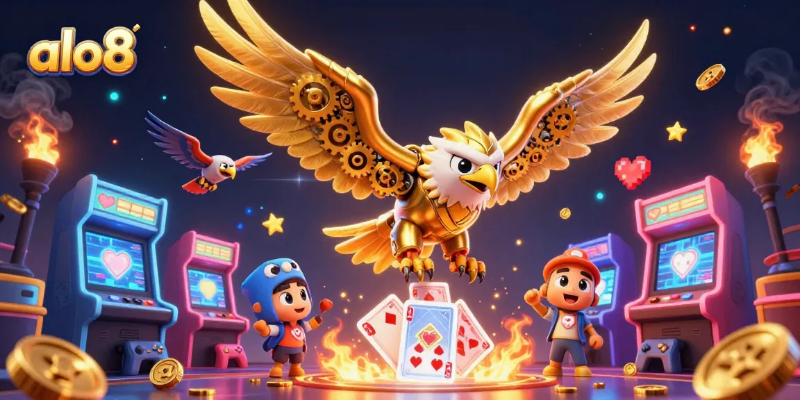 Experience the thrilling action of alo8 with a dynamic casino gaming scene featuring a cybernetic eagle and arcade elements.